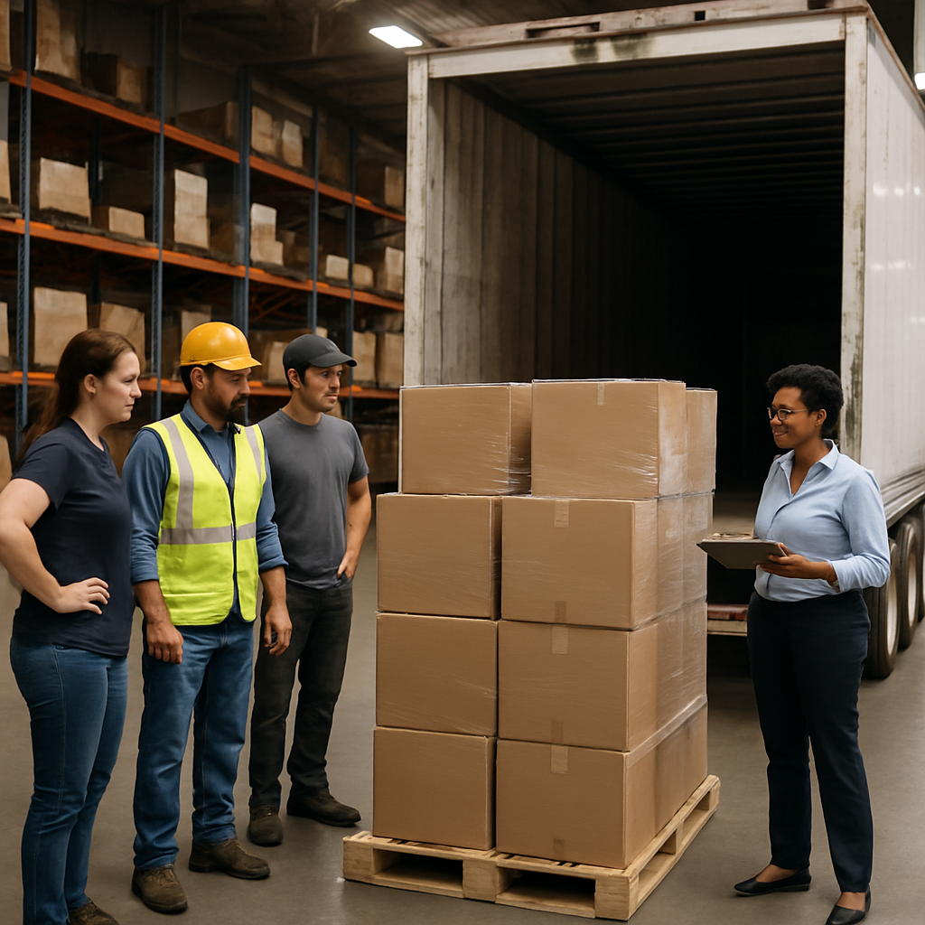 photographic Team looking at a new shippment being downloaded froma trailer in the middle of a warehouse-1