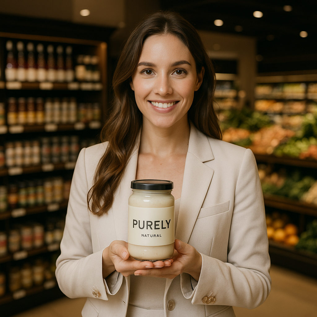 photographic a beautiful white woman launching her product in a premium supermarket with no carteles create the brand of the product