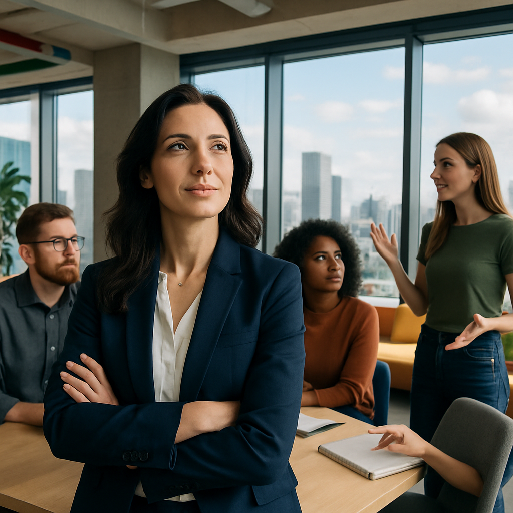 photographic a female commercial director with her team in an google style office in the top of a building with the vision of knowing what to do-1