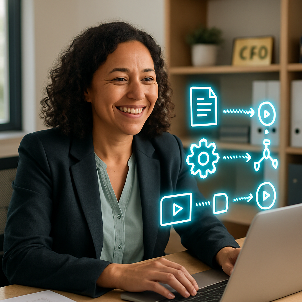 photographic a happy females CFO in her office looking at some workflows being done authomatically as an animation in front of her like special effect-1