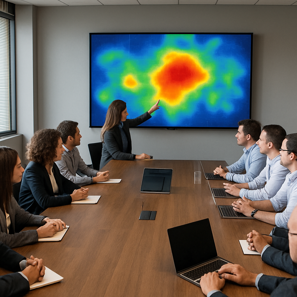 photographic equipo viendo un plan de trabajo estratgico en un mapa de calor sin ninguna palabra en una pantalla en una sala de juntas llena con 10 p-1 photographic equipo viendo un plan de trabajo estratgico en un mapa de calor sin ninguna palabra en una pantalla en una sala de juntas llena con 10 p-1