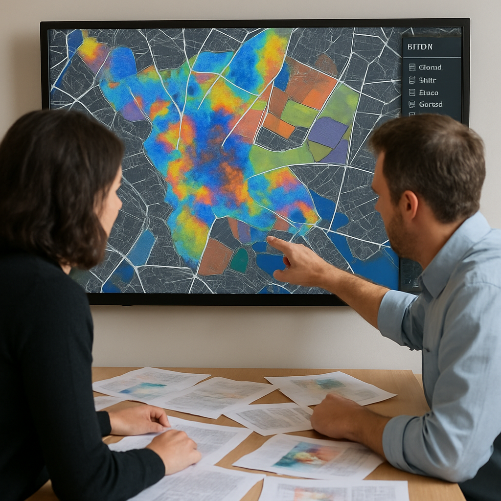photographic two people looking to an interactive map with different layers in a big screen with papers around them-1