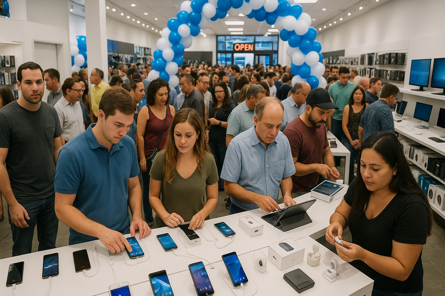 photographic una inauguracin de una tienda de productos electrnicos llena de gente blanca y latina viendo y comprando productos